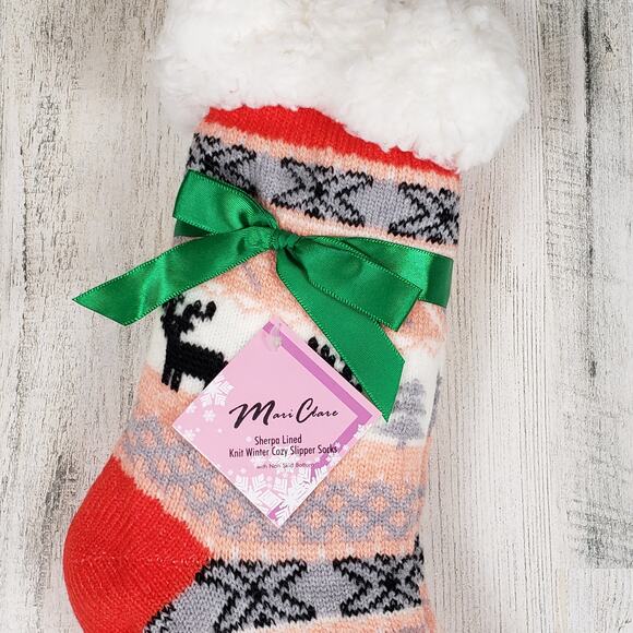 NWT Mari Clare Sherpa Lined Knit Winter Reindeer Design No-Slip Slipper Socks - Picture 3 of 6